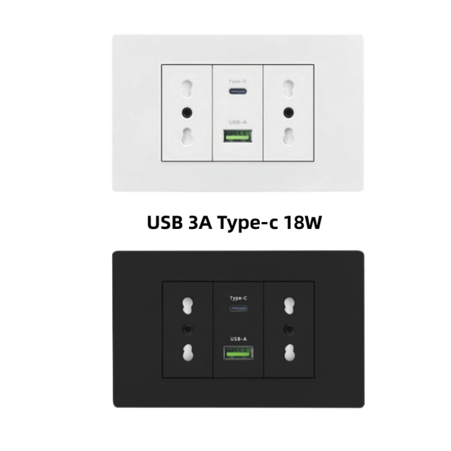White/black Embedded Italy Chile Plug Usb C Wall Socket, 16A Power Strip, Smart Type-c 20W Fast Charging Socket Adapter
