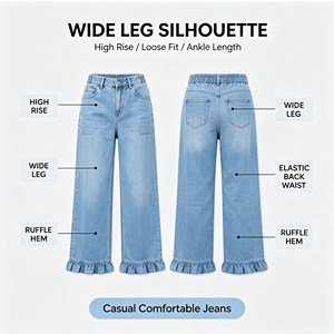 <span class=keywords><strong>Jeans</strong></span> a Gamba Larga <span class=keywords><strong>con</strong></span> Orlo Arricciato, Vita Alta, Elasticizzati, Stile Baggy per Donna, Produzione all'Ingrosso - Product Image 5