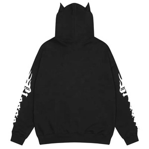 เสื้อฮู้ดดี้โอเวอร์ไซส์สีดำแบบยูนิเซ็กซ์ พิมพ์ลายเปลวไฟสีขาวที่แขนเสื้อ สไตล์สตรีทแวร์ ผ้าฝ้ายเฟรนช์เทอร์รี่ กันยับ - Product Image 3