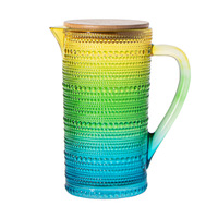 Ensemble de carafe et de verres en verre texturé à bulles ombrées personnalisables en gros, couvercle en bambou, carafe à eau, pot à jus, fête à domicile, bar