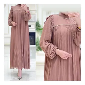 Nuevo diseño plisado Abaya manga larga Maxi vestido suelto para mujeres musulmanas vestido Jilbab modesta Ropa Étnica Kaftan