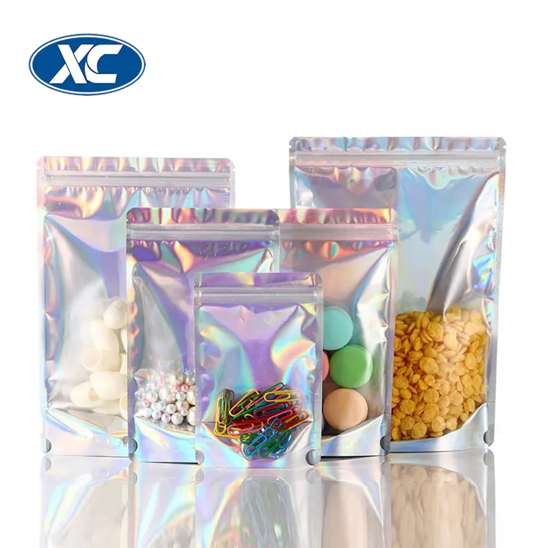 One Side Clear Hologram Laser Aluminum Foil Food Safe Mylar Candy Packing Holographic Stand Up Pouches Zip lock Plastic Bag