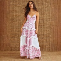 Robe longue d'été décontractée pour femme, nouvelle collection, imprimé floral numérique, bretelles spaghetti, col en V, patchwork contrastant, vente en gros