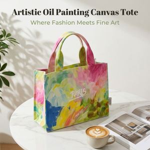 Bolso de mano estructurado largo con cinta, plegable, con estampado de lienzo de pintura al óleo artística, estilo estético de moda parísina, para compras y uso diario de mujer - Product Image 1