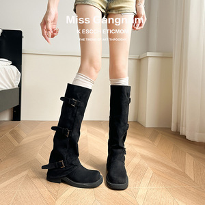 Botas Altas de Gamuza con Triple Hebilla y Cremallera Lateral, Tacón Bajo, Estilo Western - Product Image 2