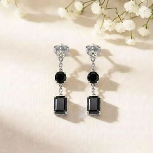 Black Obsidian Faceted Rectangle <b>Earrings</b> with Round Drop Design and CZ Accent Elegant Gemstone <b>Dangle</b> <b>Earrings</b> in 925 Silver - Product Image 2