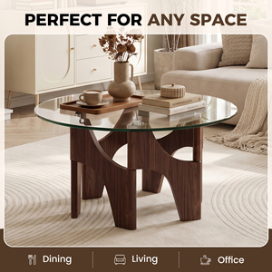 Round Tempered Glass <b>Coffee</b> <b>Table</b> with Solid Wood Geometric <b>Legs</b> Easy Clean Transparent Top Center <b>Table</b> <b>for</b> Living Room - Product Image 3