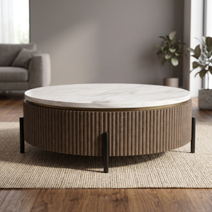Modern Nara <b>Coffee</b> <b>Table</b> <b>Round</b> Marble Top with Fluted <b>Wood</b> Base and Black Metal Legs for Luxury Living Room Hotel Lobby - Product Image 4
