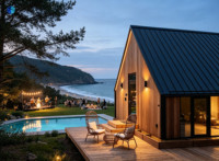 Cabane de glamping modulaire noire en forme de A, petite maison préfabriquée en bois avec grande fenêtre vitrée, villa de vacances préfabriquée pour station balnéaire
