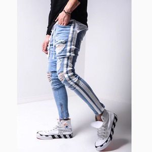 Pantalones Vaqueros Ajustados de Mezclilla Desgastada Azul con Cierre de Cremallera en el Tobillo y Raya Lateral Blanca para <span class=keywords><strong>Hombre</strong></span>, de Alta Calidad al por Mayor - Product Image 5