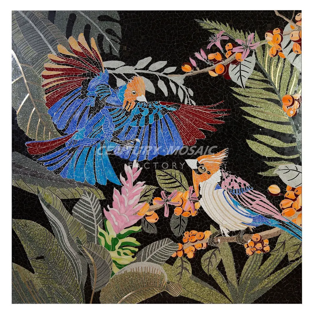لوحة جدارية فسيفساء فنية ملونة من الرخام والطيور لجدران