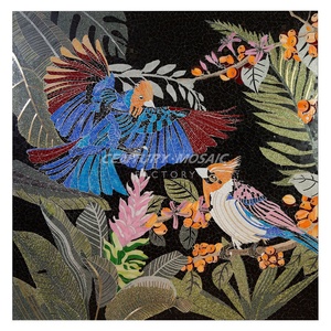 Mosaïque artistique murale en marbre avec fleurs et oiseaux colorés faits à la main, fabriquée en Thaïlande - Product Image 1