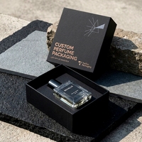 Boîte à parfum rigide noire de luxe sur mesure en deux parties avec couvercle amovible et insert ajusté pour présentation d'emballages de parfums personnalisés