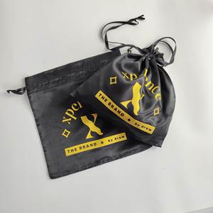 Custom Black Satin <b>Drawstring</b> Bags with Gold Logo Print - Luxury Packaging <b>Pouches</b>- Hair Extension <b>Pouches</b> - Product Image 3