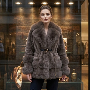 Cappotto Invernale da <span class=keywords><strong>Donna</strong></span> Ecologico in Finta <span class=keywords><strong>Pelliccia</strong></span> Spessa Color Caffè, Giacca Lussuosa e Calda <span class=keywords><strong>con</strong></span> Cintura - Product Image 2