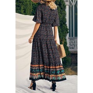 Women's Casual Summer Boho Floral Print V Neck Short Sleeve High Waist Long <b>Maxi</b> Dress Loose Woven Breathable Beach Wear - Product Image 2