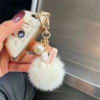 Porte-clés Mignon en Forme d'Oreilles de Lapin avec Perles, Pompon en Fausse Fourrure Moelleuse, Breloque pour Femme