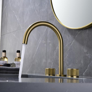 Rubinetto Miscelatore Moderno in Ottone Dorato per Lavabo da Hotel, Montaggio su Piano, 3 Fori con Maniglia Rotonda - Product Image 2