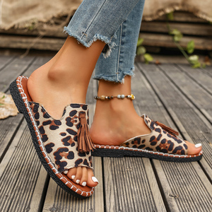 Sandales compensées bohèmes ethniques imprimées à pampilles pour femmes, à bout ouvert, style plateforme, pour la plage - Product Image 3