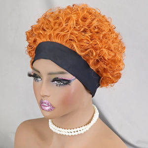 Bouncy <span class=keywords><strong>Curly</strong></span> Short Machine Made Perruques Cheveux Naturels Écharpe Perruques Sans Colle Remy Cheveux Humains Gingembre Bandeau Perruques pour les Femmes Noires - Product Image 1