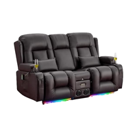 Sofá Reclinable Moderno de Dos Plazas en Cuero Sintético Marrón con Control Remoto, Luz Ambiental LED, Altavoces Bluetooth y Puertos USB para el Hogar