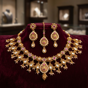 High Quality Latest Designed Gold Plated Brass Bridal <b>Set</b> Choker <b>Necklace</b> Drop Earrings Tikka Ethnic Kundan <b>Pearl</b> Zircon Trendy - Product Image 2