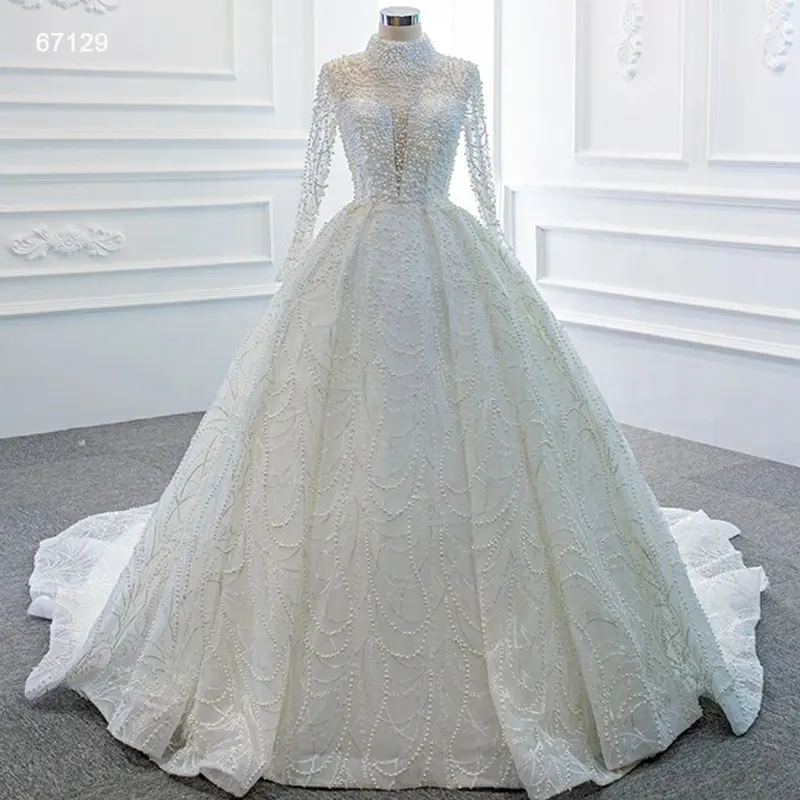 Jancemebr ARSM67129 elegant long sleeve luxury high neck muslim beading crystal wedding gown wedding dress