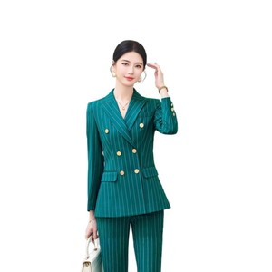 Women's Green Striped Double-Breasted Suit Set Long Sleeve Anti-Wrinkle Worsted Commute Wear - Product Image 5