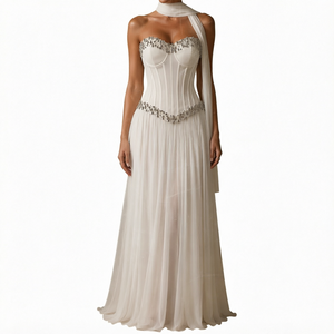 Robe de soirée/mariage Sharon Said SF257 Rouge Dubaï, élégante, dos nu, ornée de sequins et d'un nœud en strass, en cachemire, longueur ras du sol, coupe trapèze, taille naturelle, de luxe - Product Image 1