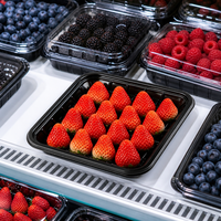 Barquette à fruits en PET noire personnalisable avec logo, jetable, à compartiment unique, empilable, pour supermarché, fraises, chocolat, sushis, vente en gros alimentaire