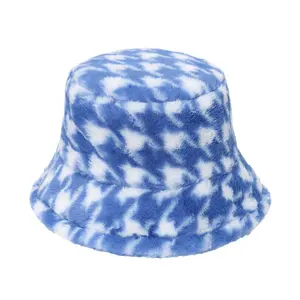 Topi Bucket Wanita, Pola Houndstooth Faux Fur Semua Bucket Polyester Berbulu Hangat Musim Dingin