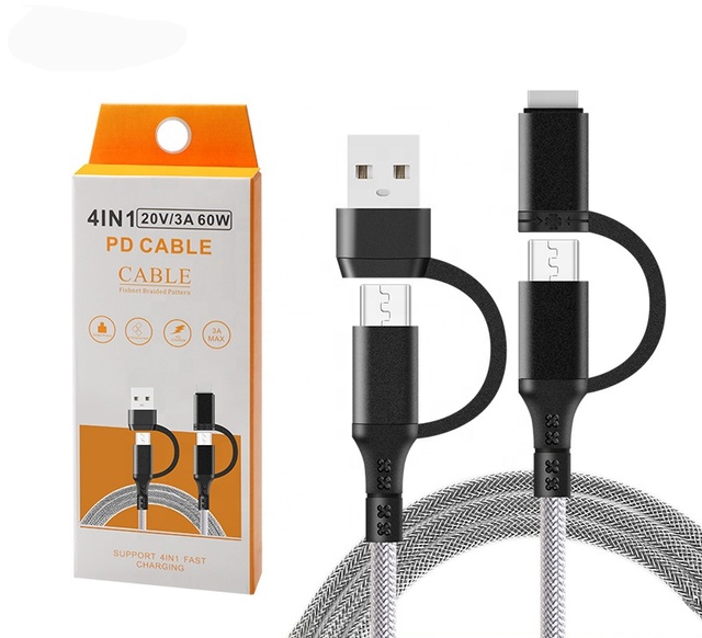 4 in 1 60W Nylon Braided Cable Quick Power Adapter with 3 1 USB C Fast Charging 60W C Computer Cords Type-C Phone Charging Cable