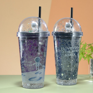 Astronaut Plastic <b>Straw</b> <b>Cup</b> Double Walled With <b>Lid</b> <b>And</b> <b>Straw</b> For Summer Party Drinkware Gray Black White Dark Purple - Product Image 2