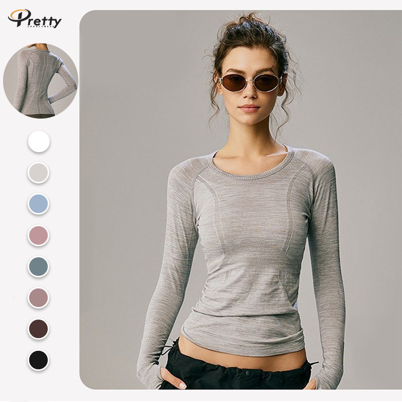 Women Seamless Yoga Top Gray Women's Long Sleeve Sports T-Shirt Slim Fit Quick-Dry Fitness Clothing for Running and Climbing