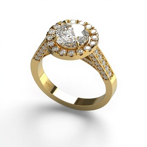 Bague de fiançailles solitaire en diamant de laboratoire taille brillant rond, plaqué or 18K 14K, avec halo et monture micro-pavé de diamants ronds - Product Image 2