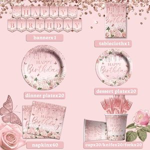Vajilla Desechable para Fiesta <span class=keywords><strong>de</strong></span> Cumpleaños Rosa, Plato para Cena, <span class=keywords><strong>Mantel</strong></span>, Decoraciones para Fiesta <span class=keywords><strong>de</strong></span> Cumpleaños con Temática Oro Rosa - Product Image 2