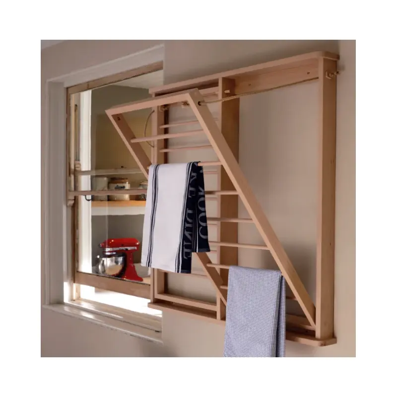 Hot Selling Wooden Towel Rack Bead Board Drying Rack Laundry Room Airer Dryer Wall Mounted Clothes Airer