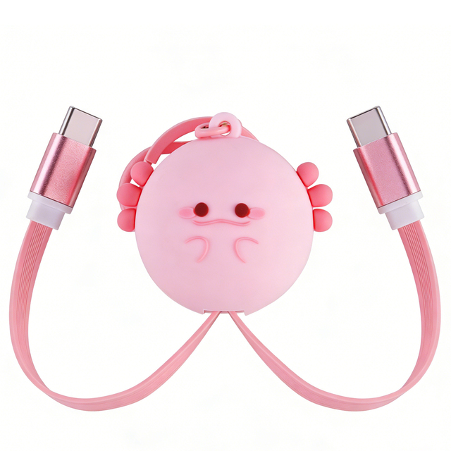 Cute Pink Axolotl 60W Retractable Fast Charging Cable 24cm Cartoon 480Mbps Data Transfer Dual Type-C Keychain USB Charging Cable