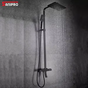 SANIPRO Set Shower Termostatik, Set Shower Termostatik Cerdas, Set Keran 3 Arah, Keran Air Hujan, Kolom Pemasangan Dinding, Hitam, Matte, untuk Kamar Mandi