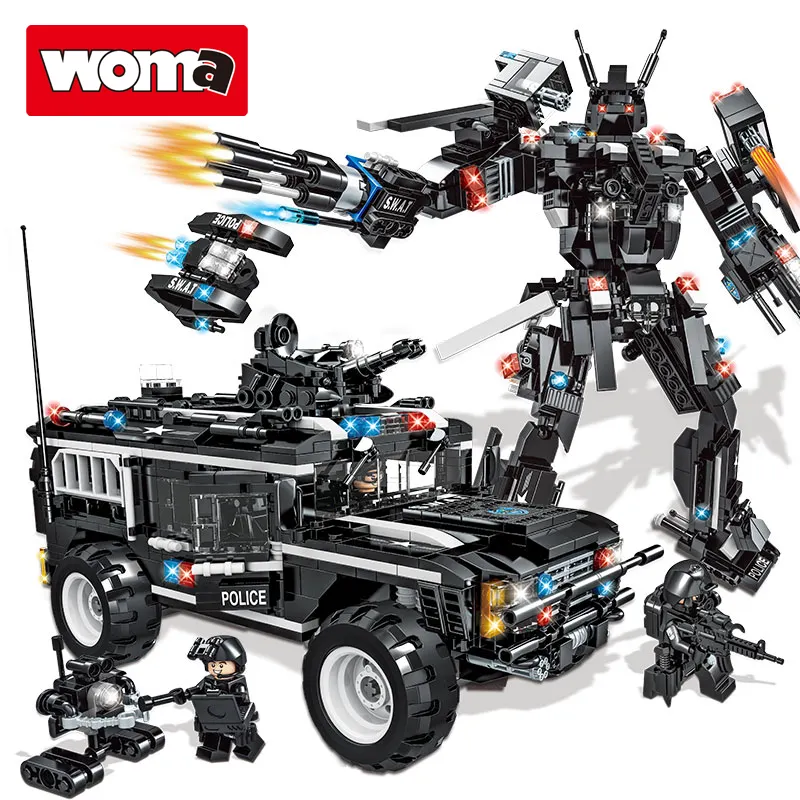 WOMA TOYS OEM 2 in 1 Robot Building Block Bricks Educational Construction Toy SWAT City Police Car Model Figure Set Juguetes