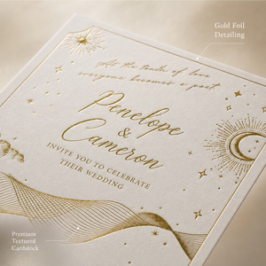 Suite di Inviti Nuziali Personalizzati con Foglia d'Oro Celestiale, Luna e Stelle, Carta Pregiata Testurizzata, Busta Abbinata Goffrata - Product Image 3