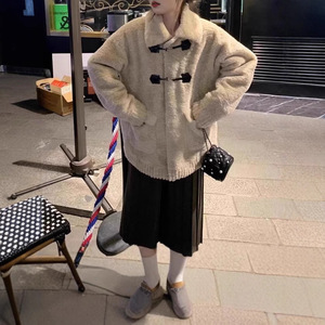 Women's Mid Length Shearling Coat Khaki Solid Color Faux Fur Winter Warm Outerwear - Product Image 4