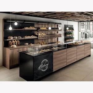 Customized Bakery Interior Wood Display Island Warmer Counter Shelves Rack Basket Bread Display Showcase