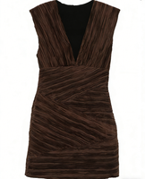 Robe mini plissée texturée marron pour femme, col en V, sans manches, coupe droite, élégante, sexy, pour le printemps, les fêtes, le bureau, le quotidien