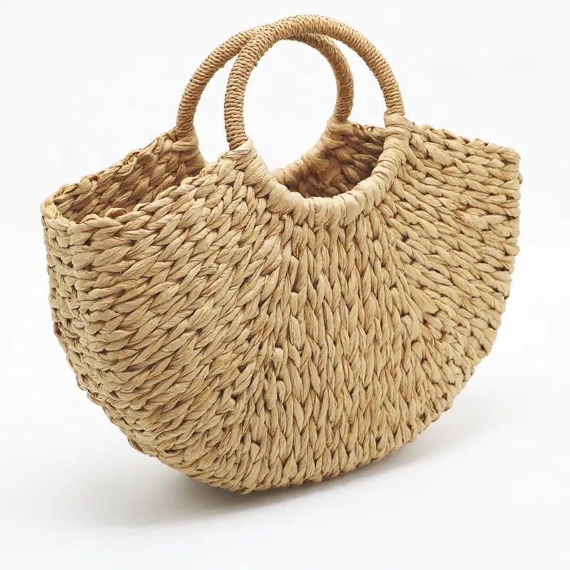 Natural straw beach bag hand woven round handle handbags woven Straw beach bohemian bag for women
