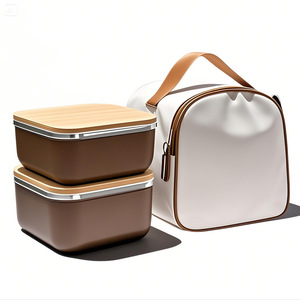 Ensemble de boîtes à lunch avec couvercle en bois, sac isotherme portable en acier inoxydable 304 pour les employés de bureau avec compartiments - Product Image 1