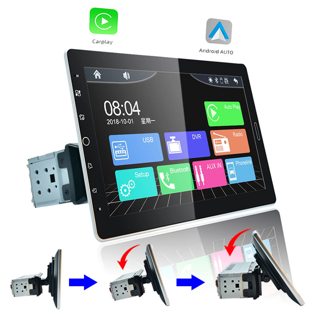 Car Radio 10.1 Inch 1Din MP5 Multimedia Audio Player FM Wired Carplay Android Auto Adjustable Touch Screen Single Din Car Stereo