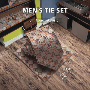 Huishi ชุดเนคไทผ้าแจ็คการ์ดโพลีเอสเตอร์ลายดอกไม้สามชิ้นสำหรับผู้ชายประกอบด้วยกระเป๋าสี่เหลี่ยมและกระดุมข้อมือสำหรับสวมใส่สบายๆ - Product Image 2