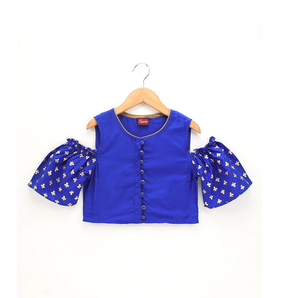 Ensemble de tenue ethnique pour filles, haut à épaules dénudées et pantalon dhoti imprimé, bleu et orange, pour les fêtes, les festivals et les mariages - Product Image 1