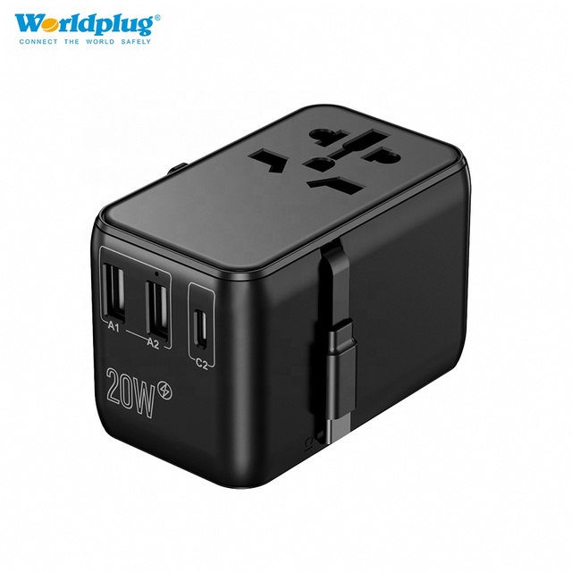 Worldplug Multifunctional USB International Travel Adaptor World Universal Travel Adapter with Type C Retractable Cable